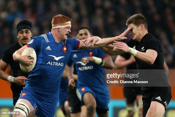 Felix Lambey of France fends off Jordie Barrett of the All Blacks during the International Test match between the New Zealand All Blacks and France...