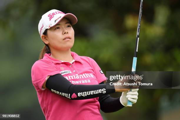 Minami Katsu of Japan hits her tee shot on the 3rd hole during the third round of the Earth Mondahmin Cup at the Camellia Hills Country Club on June...