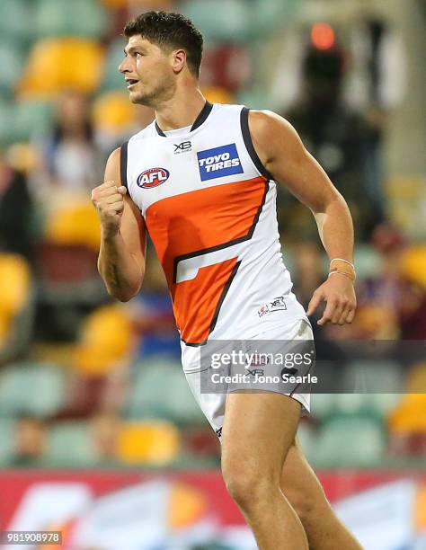 Jonathon Patton of the Giants celebrates a goal during the round 14 AFL match between the Brisbane Lions and the Greater Western Sydney Giants at The...