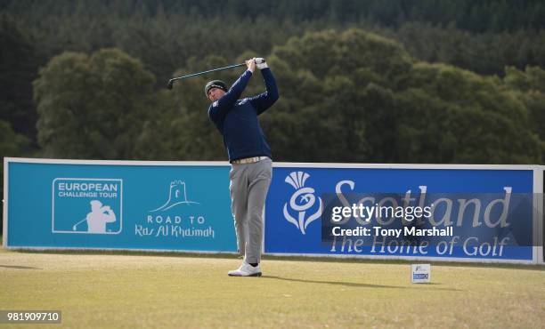 Matt Ford of England plays his first shot on the 1st tee during Day Three of the SSE Scottish Hydro Challenge hosted by Macdonald Hotels and Resorts...