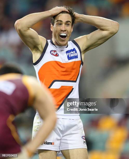 Jeremy Cameron of the Giants reacts during the round 14 AFL match between the Brisbane Lions and the Greater Western Sydney Giants at The Gabba on...