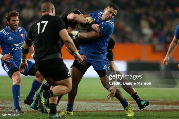 Mathieu Babillot of France is tackled by Matt Todd of the All Blacks during the International Test match between the New Zealand All Blacks and...