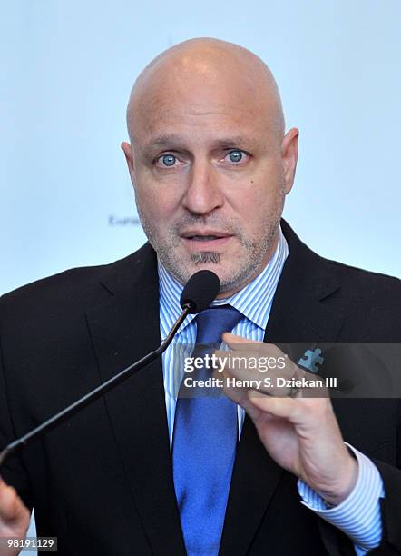 Celebrity chef Tom Colicchio celebrates World Autism Awareness Day and Autism Awareness Month at The Empire State Building on April 1, 2010 in New...