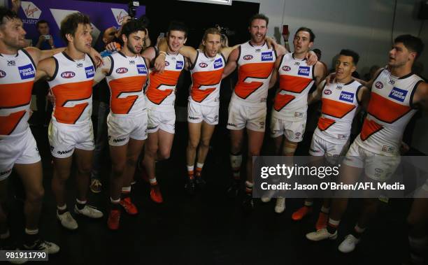 Players celebrate their win during the round 14 AFL match between the Brisbane Lions and the Greater Western Sydney Giants at The Gabba on June 23,...