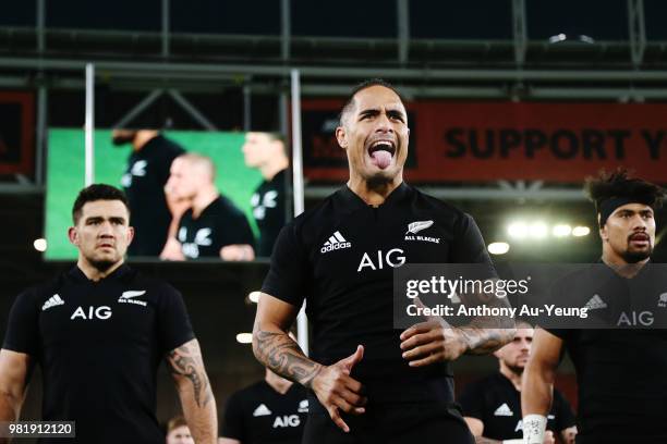 Aaron Smith of the All Blacks performs the haka prior to the International Test match between the New Zealand All Blacks and France at Forsyth Barr...