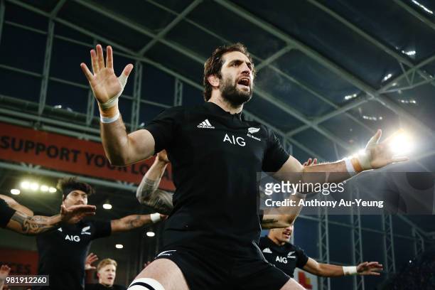 Sam Whitelock of the All Blacks leads the haka prior to the International Test match between the New Zealand All Blacks and France at Forsyth Barr...