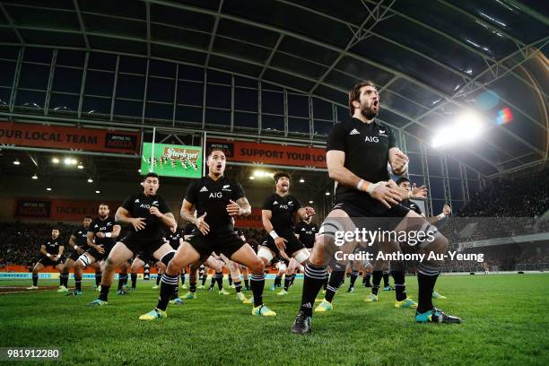 Sam Whitelock of the All Blacks leads the haka prior to the International Test match between the New Zealand All Blacks and France at Forsyth Barr...