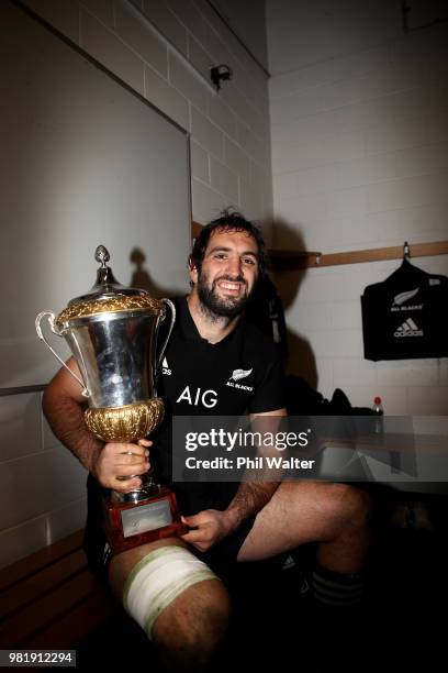 Sam Whitelock of the All Blacks poses with the Gallaher Trophy following the International Test match between the New Zealand All Blacks and France...