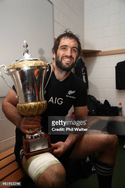 Sam Whitelock of the All Blacks poses with the Gallaher Trophy following the International Test match between the New Zealand All Blacks and France...