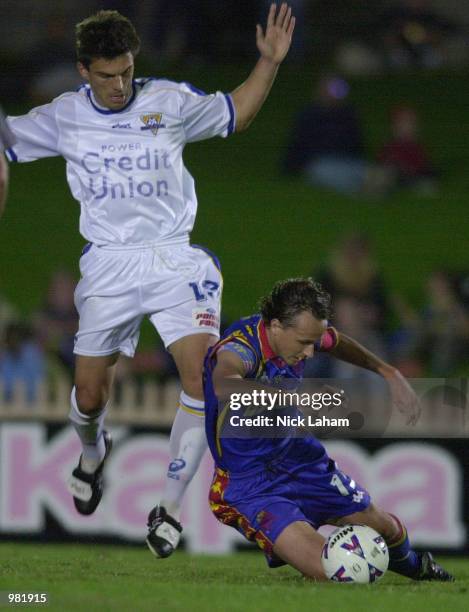 Milan Blagojevic of the Power challenges Tony Perinich of the Spirit during the NSL match between the Northern Spirit and the Parramatta Power at...