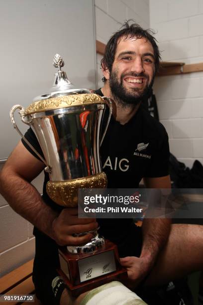 Sam Whitelock of the All Blacks poses with the Gallaher Trophy following the International Test match between the New Zealand All Blacks and France...