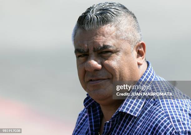 Claudio Tapia president of AFA arrives at a training session at the team's base camp in Bronnitsy, on June 23 during Russia 2018 World Cup football...