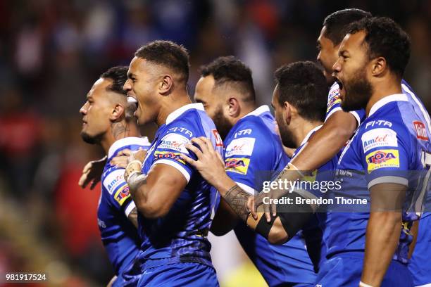 James Gavet of Samoa celebrates with team mates after scoring a try during the 2018 Pacific Test Invitational match between Tonga and Samoa at...