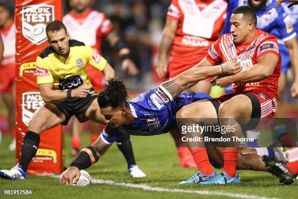 James Gavet of Samoa scores a try during the 2018 Pacific Test Invitational match between Tonga and Samoa at Campbelltown Sports Stadium on June 23,...