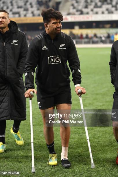 Ardie Savea of the New Zealand All Blacks on crutches following the International Test match between the New Zealand All Blacks and France at Forsyth...