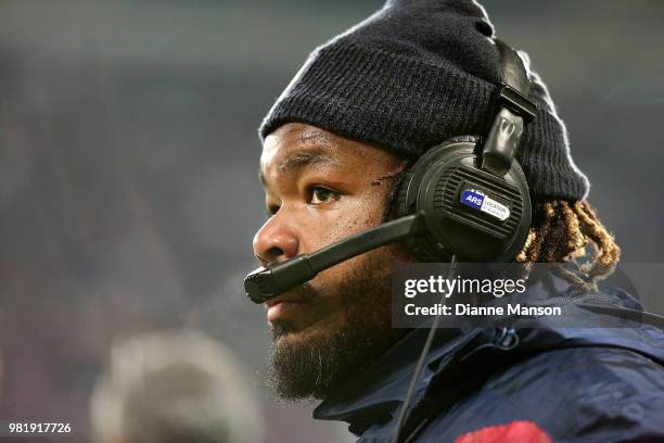Mathieu Bastareaud of France looks on ahead of the International Test match between the New Zealand All Blacks and France at Forsyth Barr Stadium on...