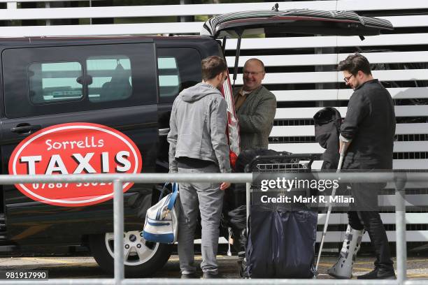 Marcus Mumford and Ben Lovett arriving at Aberdeen Airport before the wedding of Kit Harrington and Rose Leslie on June 23, 2018 in Aberdeen,...