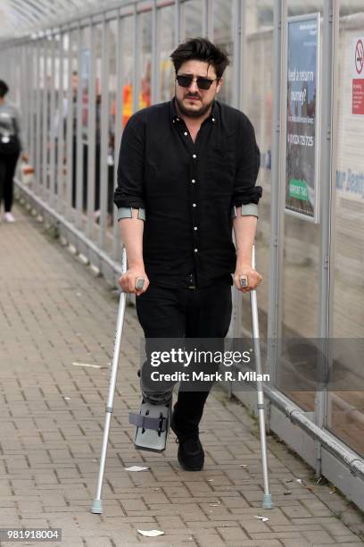 Marcus Mumford arriving at Aberdeen Airport before the wedding of Kit Harrington and Rose Leslie on June 23, 2018 in Aberdeen, Scotland.