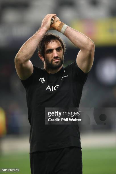 Sam Whitlock of the New Zealand All Blacks applauds the fans following the International Test match between the New Zealand All Blacks and France at...