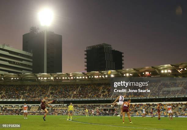 General view during the round 14 AFL match between the Brisbane Lions and the Greater Western Sydney Giants at The Gabba on June 23, 2018 in...