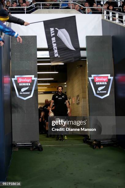 Samuel Whitelock of the All Blacks leads the team on to the field during the International Test match between the New Zealand All Blacks and France...