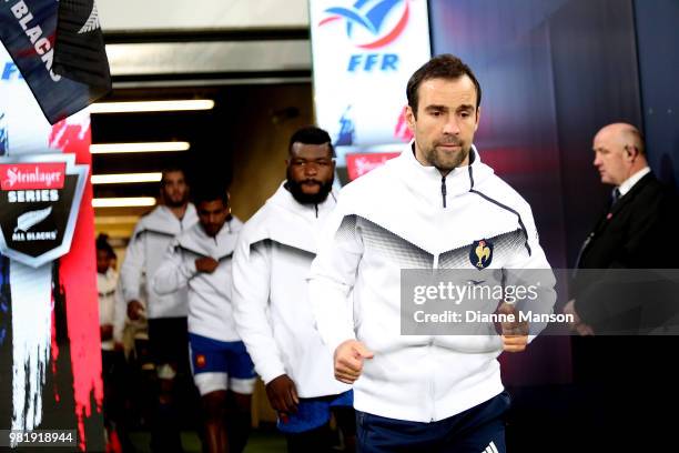 Morgan Parra of France leads the team out during the International Test match between the New Zealand All Blacks and France at Forsyth Barr Stadium...