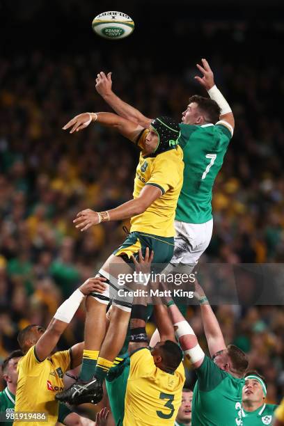 Adam Coleman of the Wallabies competes with Peter O'Mahony of Ireland at the lineout during the Third International Test match between the Australian...