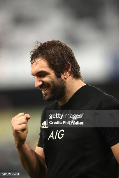 Sam Whitlock of the New Zealand All Blacks celebrates following the International Test match between the New Zealand All Blacks and France at Forsyth...