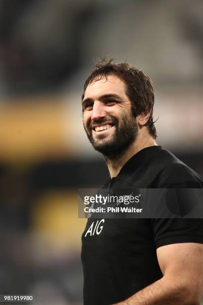 Sam Whitlock of the New Zealand All Blacks smiles following the International Test match between the New Zealand All Blacks and France at Forsyth...