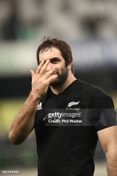 Sam Whitlock of the New Zealand All Blacks smiles following the International Test match between the New Zealand All Blacks and France at Forsyth...