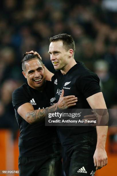 Aaron Smith and Ben Smith of the All Blacks celebrate during the International Test match between the New Zealand All Blacks and France at Forsyth...