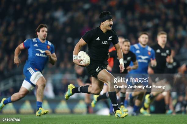 Rieko Ioane of the All Blacks makes a break during the International Test match between the New Zealand All Blacks and France at Forsyth Barr Stadium...