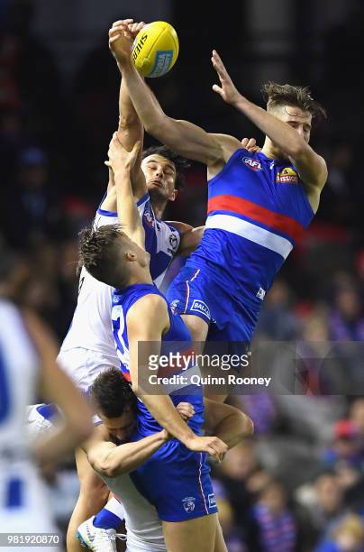 Marcus Bontempelli of the Bulldogs attempts to mark during the round 14 AFL match between the Western Bulldogs and the North Melbourne Kangaroos at...