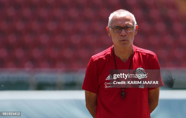 Egypt's Argentine coach Hector Raul Cuper looks at his players during a training session at the Akhmat Arena stadium in Grozny on June 23, 2018.
