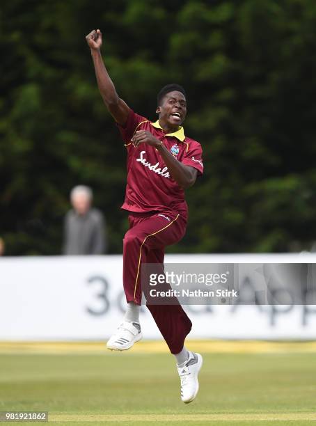 Chemar K Holder celebrates during the Tri-Series International match between England Lions and West Indies A at The 3aaa County Ground on June 23,...