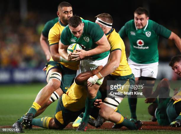 Jack Conan of Ireland is tackled during the Third International Test match between the Australian Wallabies and Ireland at Allianz Stadium on June...