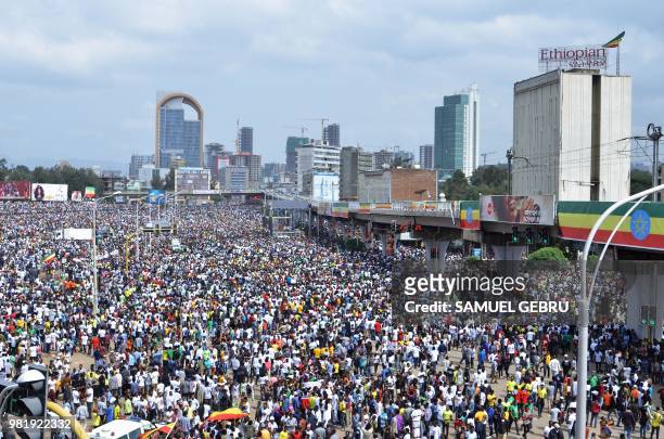 Supporters of Ethiopia Prime Minister attend a rally on Meskel Square in Addis Ababa on June 23, 2018. - A blast at a rally in Ethiopia's capital...