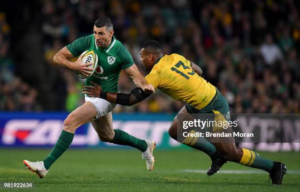 Sydney , Australia - 23 June 2018; Rob Kearney of Ireland is tackled by Samu Kerevi of Australia during the 2018 Mitsubishi Estate Ireland Series 3rd...