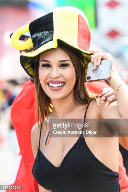 Fan of Belgium during the FIFA World Cup Group G match between Belgium and Tunisia at Spartak Stadium on June 23, 2018 in Moscow, Russia.