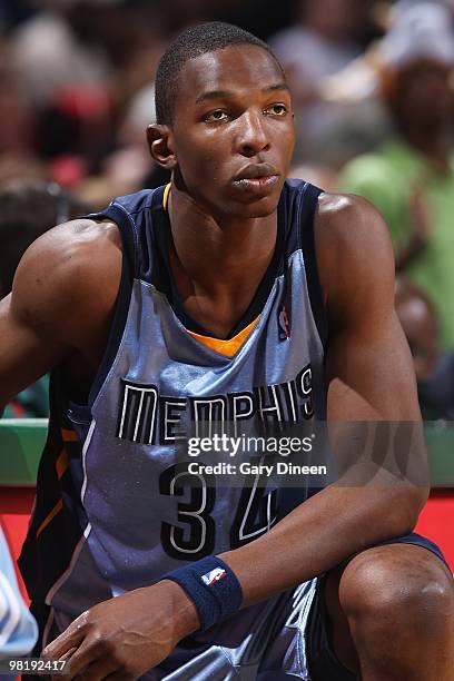 Hasheem Thabeet of the Memphis Grizzlies looks on from the sideline during the game against the Milwaukee Bucks on March 28, 2010 at the Bradley...