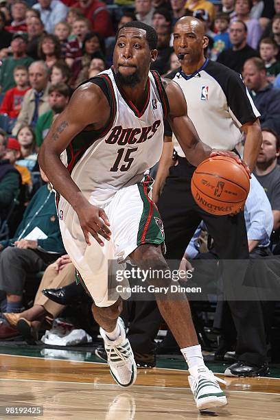 John Salmons of the Milwaukee Bucks drives against the Memphis Grizzlies during the game on March 28, 2010 at the Bradley Center in Milwaukee,...