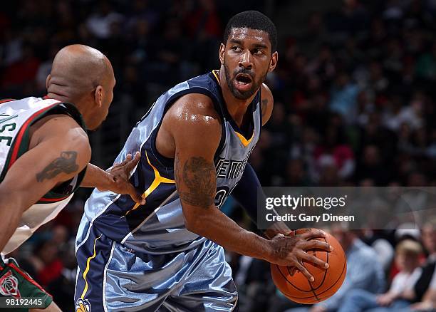 Mayo of the Memphis Grizzlies handles the ball against Jerry Stackhouse of the Milwaukee Bucks during the game on March 28, 2010 at the Bradley...