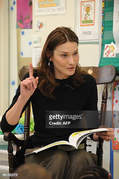 French First Lady Carla Bruni Sarkozy visits at a KIPP school , a school for underprivileged pupils on March 30, 2010 in Washington, DC. AFP...