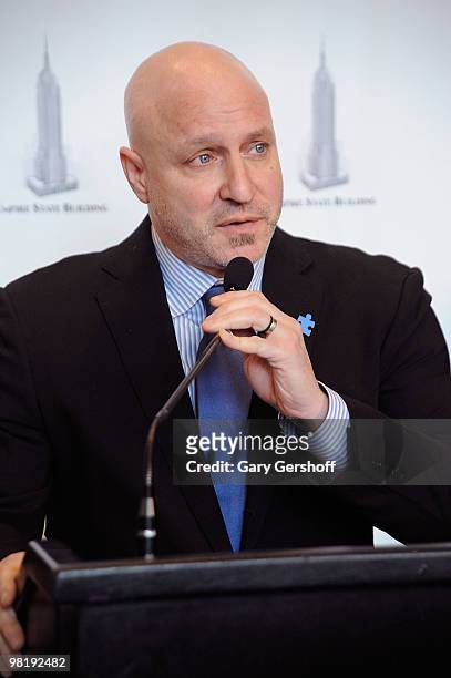 Celebrity chef Tom Colicchio lights The Empire State Building on April 1, 2010 in New York City.