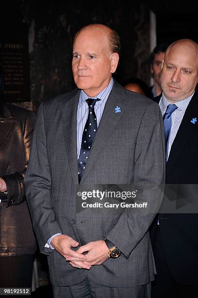 Universal Chairman and co-founder, Autism Speaks, Bob Wright and celebrity chef Tom Colicchio light The Empire State Building on April 1, 2010 in New...