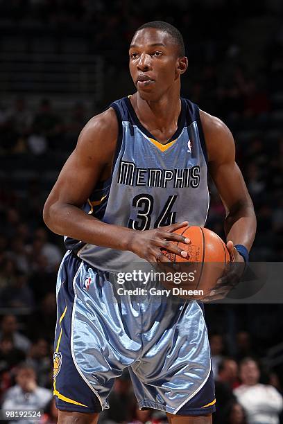 Hasheem Thabeet of the Memphis Grizzlies handles the ball against the Milwaukee Bucks during the game on March 28, 2010 at the Bradley Center in...