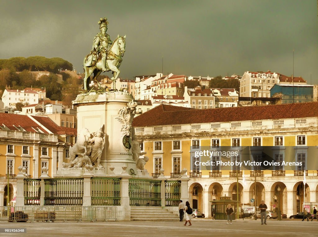 Dark clouds over Praça do Comercio Square in downtown Lisbon (Baixa), Portugal