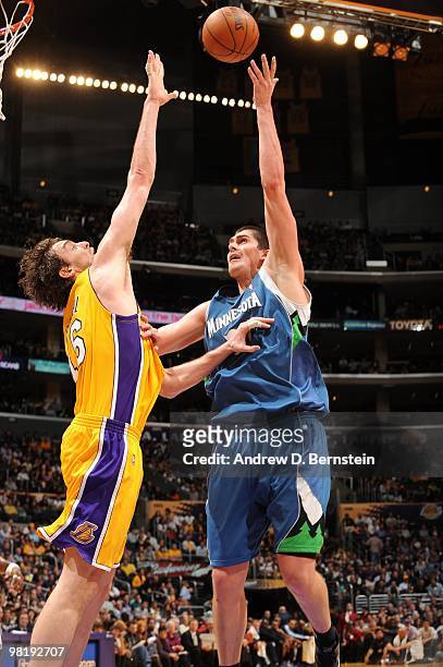 Darko Milicic of the Minnesota Timberwolves shoots a layup against Pau Gasol of the Los Angeles Lakers during the game at Staples Center on March 19,...