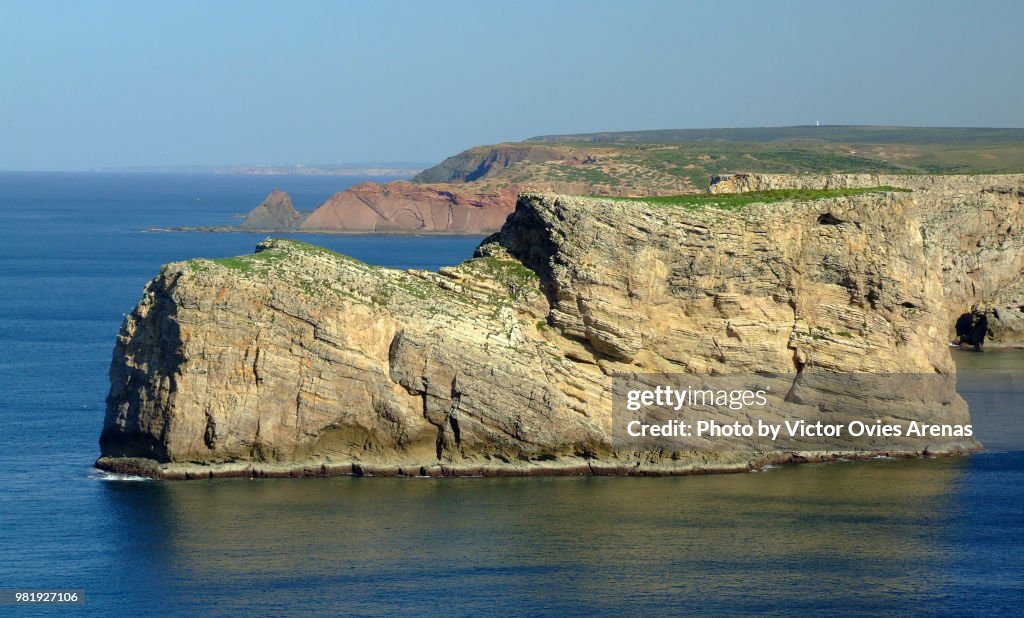 View of the rocky cliffs from Cape St. Vincent near Sagres in the Algarve, Portugal