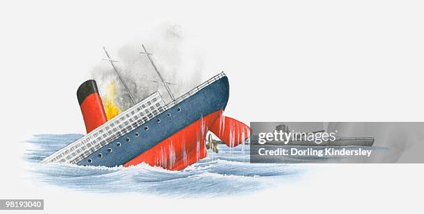 merchant ship sinking after being torpedoed by german submarine during world war one - world war one torpedo stock illustrations